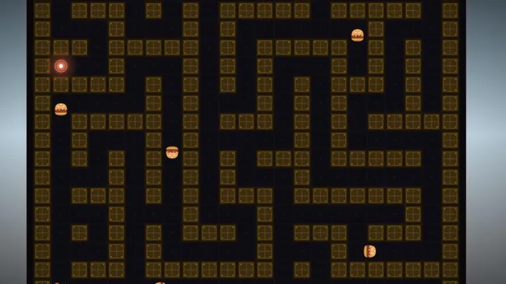 An amber 1931 maze with three enemies closing in