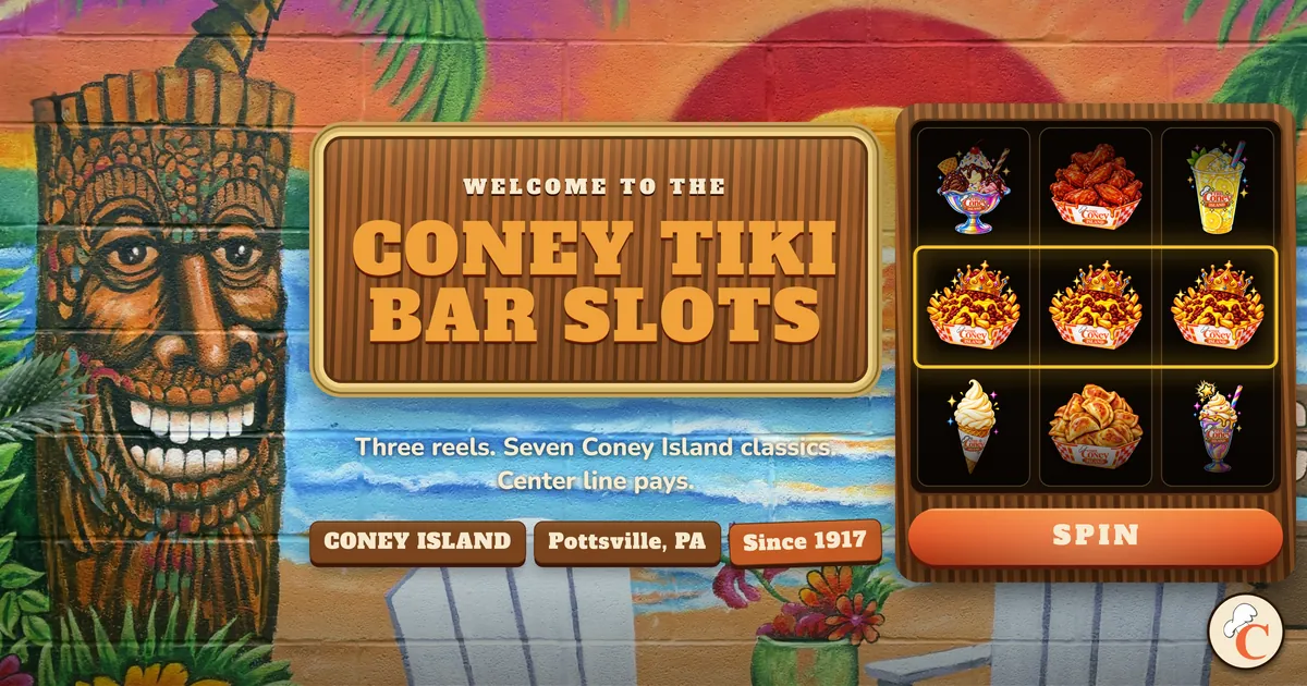 A tiki mural beside three slot reels of Coney Island dishes