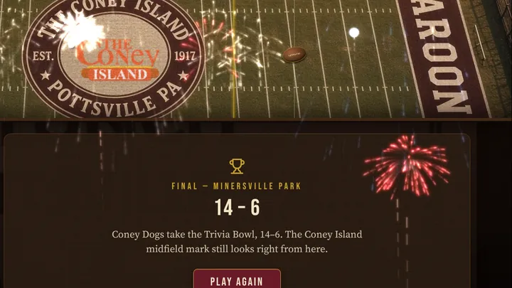 Fireworks over the final score, Coney Dogs 14, Coney Burgers 6