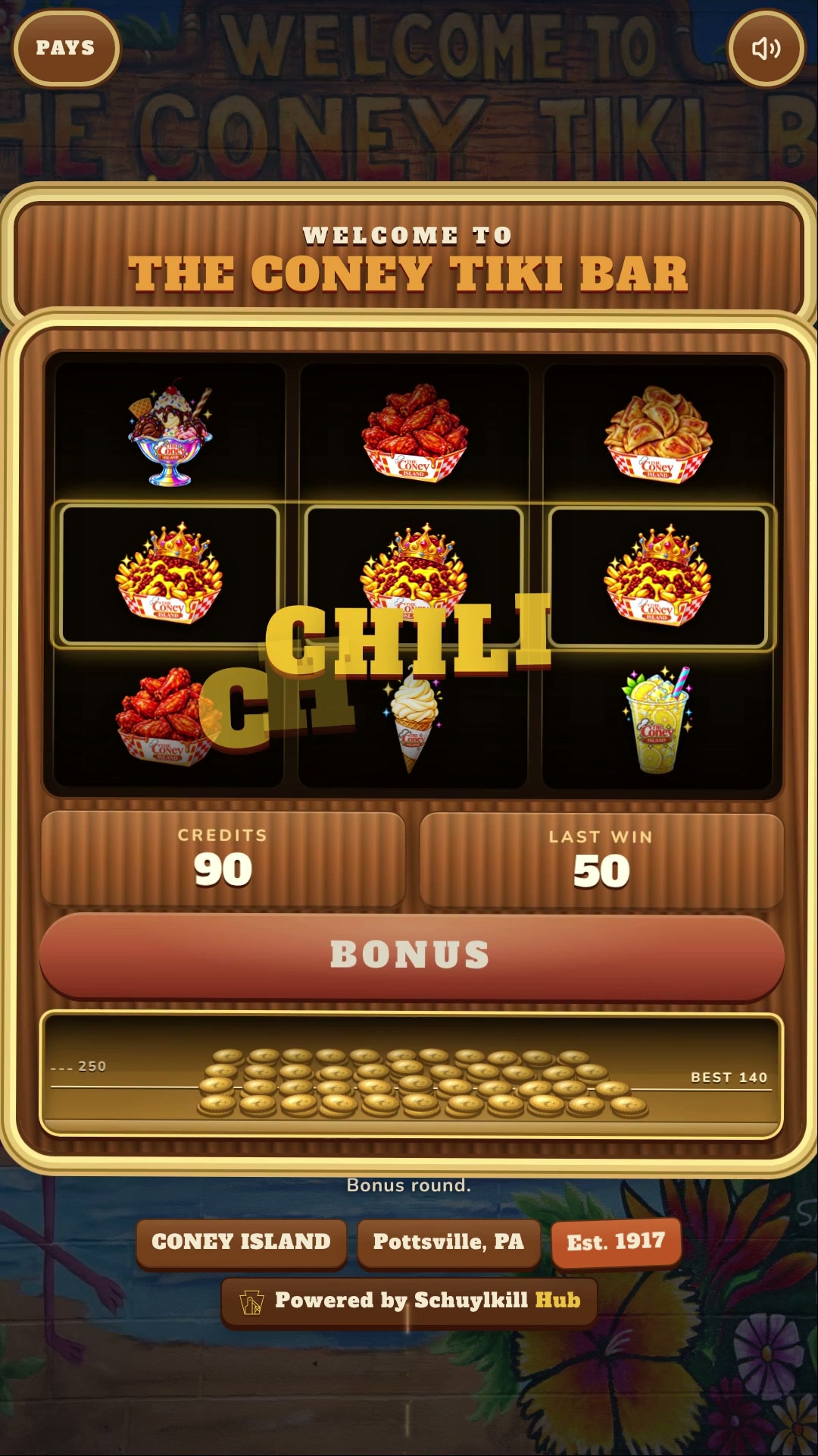 Tiki Bar Slots: three reels spin and settle in front of the tiki mural.